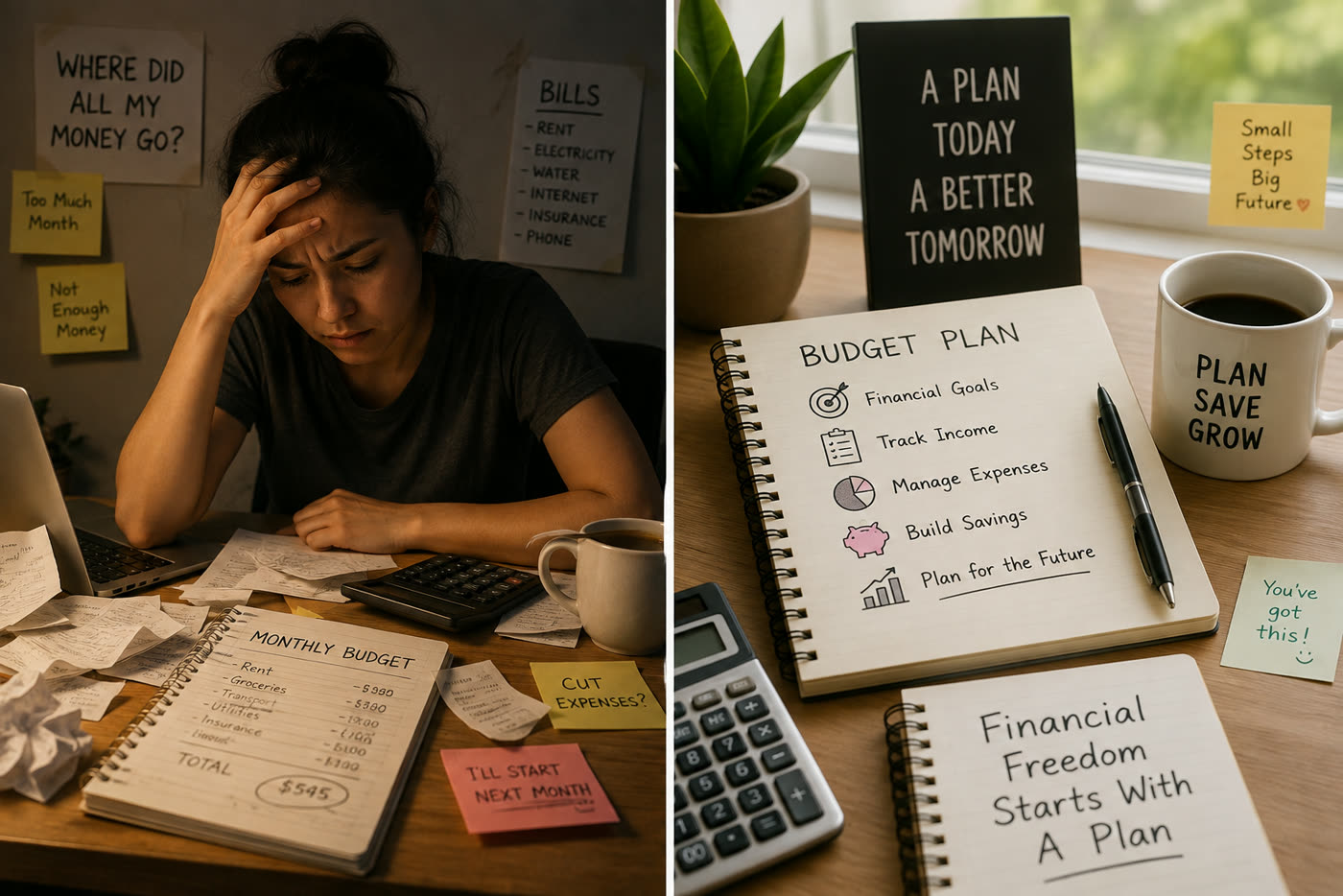 Left: budgeting without a plan. Right: a simple written budget that actually works.